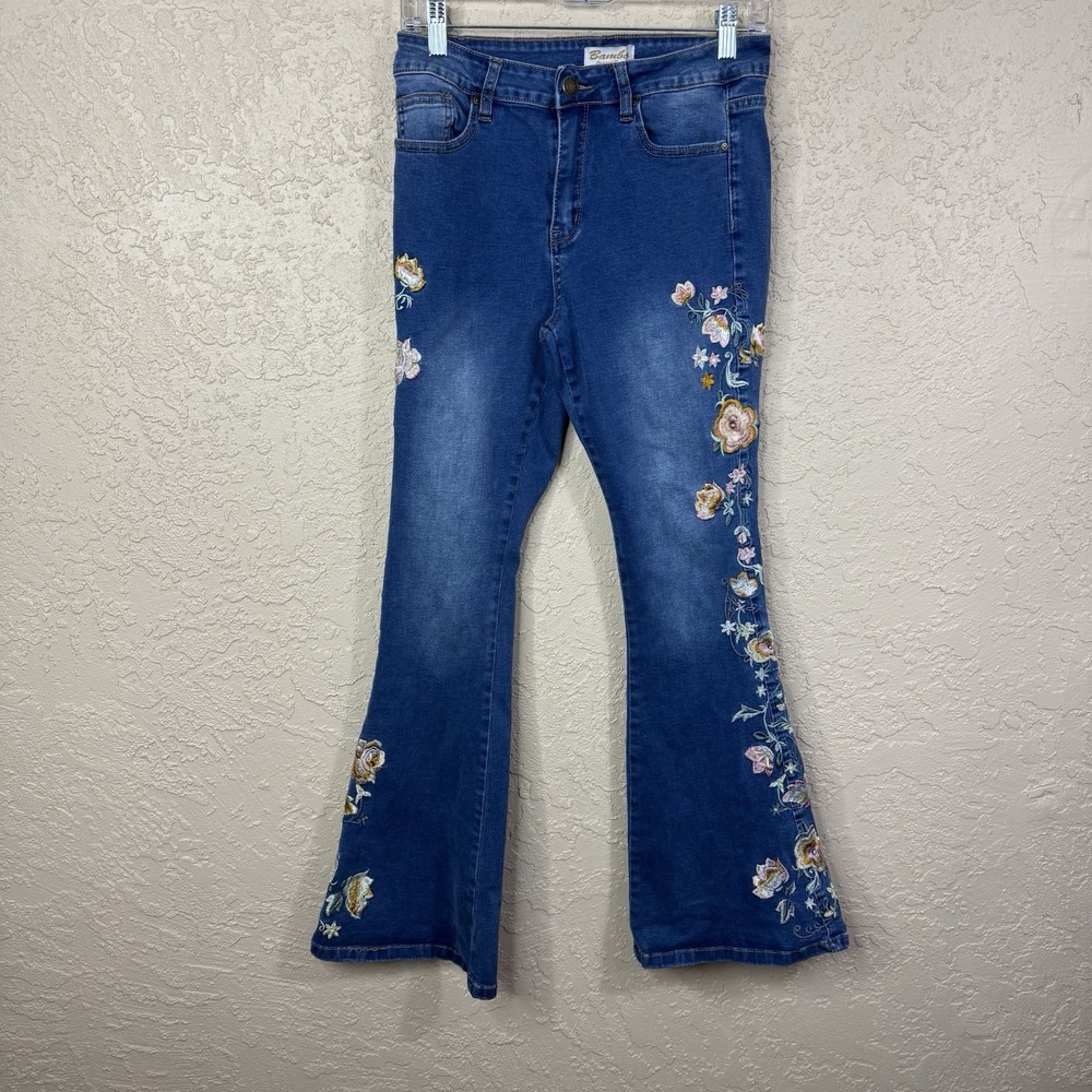 Bamboo Floral Embroidered‎ Bell Bottom Jeans Women's Size 11 Boho Stretch